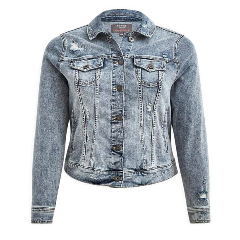 Torrid 1 (1X 14/16) Light Blue Wash Destructed Stretch Denim Punk Trucker Jacket